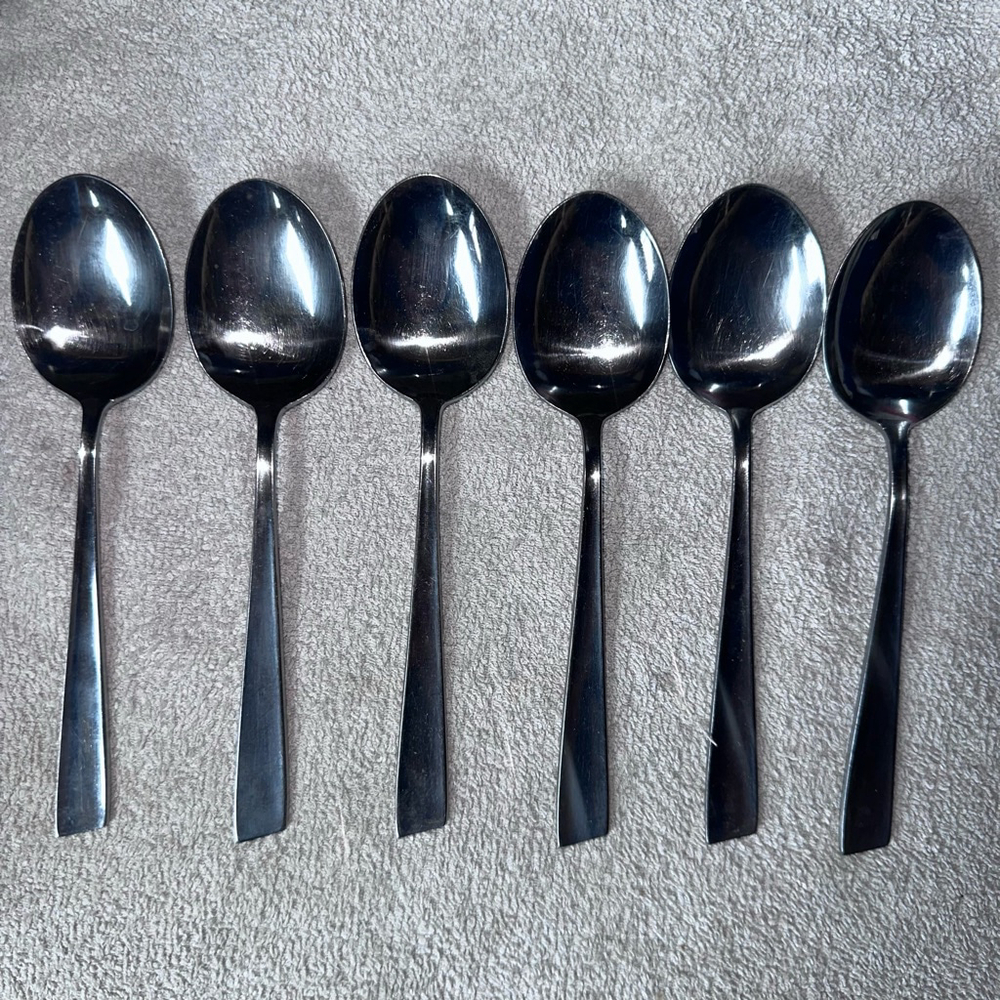Vintage Sohnaco Japan Stainless Silverware Flatware Soup Spoons Slant Edge Set/6